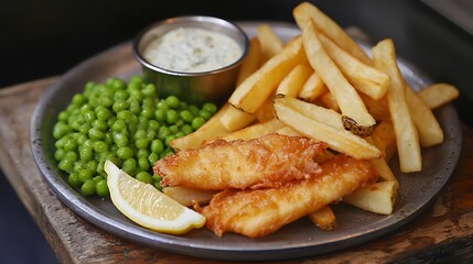 Crispy Fish and Chips with Peas Tartar Sauce and Lemon Classic British Pub Meal