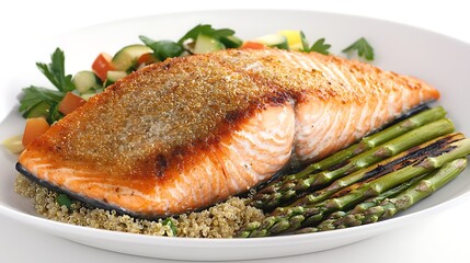 Delicious Pan Seared Salmon with Quinoa Asparagus and Fresh Vegetable Salad