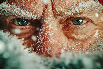 Naklejka premium Elderly caucasian male with snow-covered eyebrows gaze