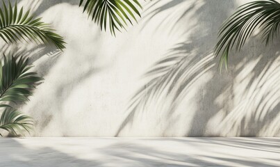 Tropical palm leaves shadow on light wall.