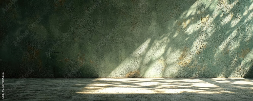 Poster grungy abstract background idea. a serene interior scene featuring soft shadows and textured green w
