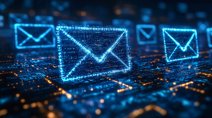 Digital glowing email icons floating over a grid in cyberspace