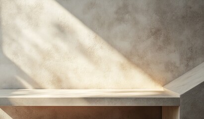Sunlight illuminates a minimalist beige concrete shelf.