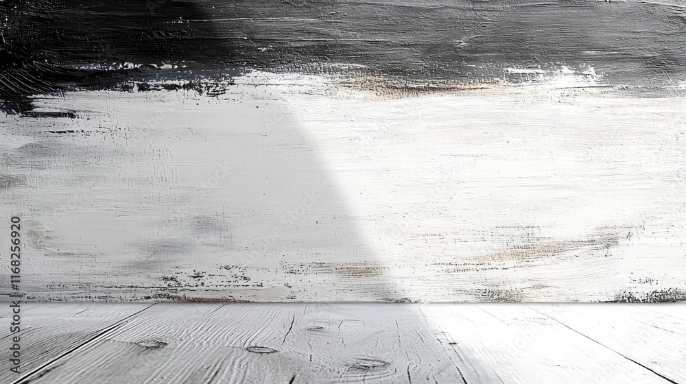 Poster Grungy abstract background idea. A minimalist backdrop with a wooden floor and abstract black-white texture for creative use.