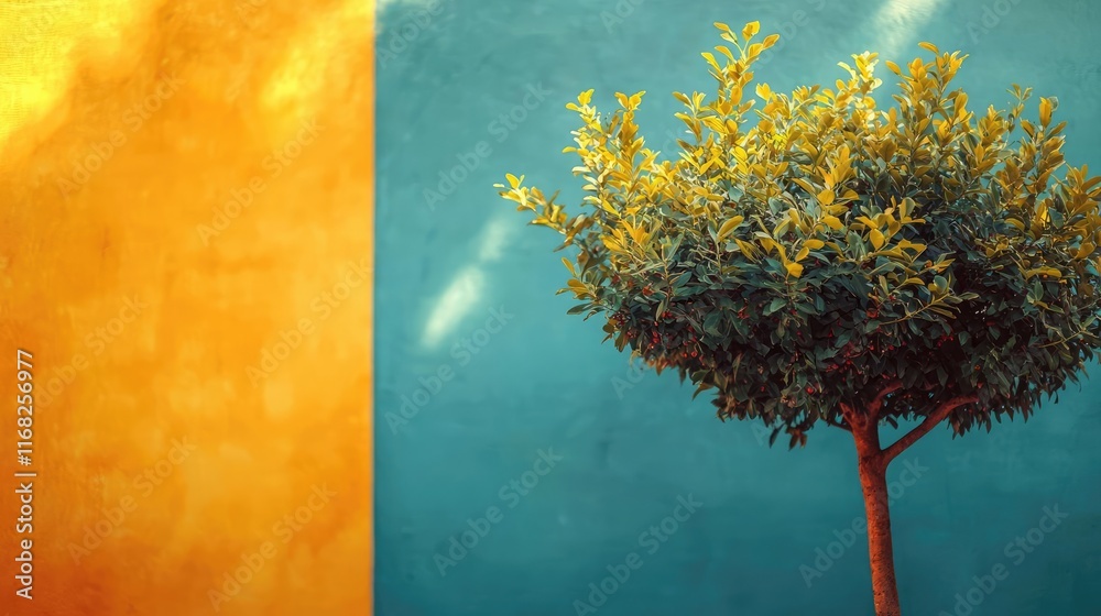 Poster grungy abstract background idea. lush green tree against a vibrant orange and blue wall, creating a 