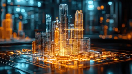 The digital metropolis is depicted in a 3D style, showcasing technological advancement and urban...