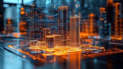 The digital metropolis is depicted in a 3D style, showcasing technological advancement and urban development