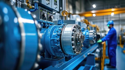 Obraz premium machine in factory, equipment of a factory, Industrial factory interior with equipment, conveyor line and steel tools, industry background.