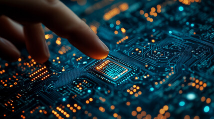 Close-up of a robot finger gently touching a computer chip symbolizing the intersection of artificial intelligence and digital technology in a futuristic world of innovation and advancement
