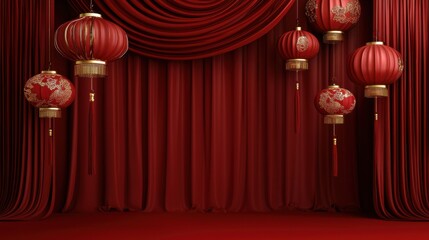 A vibrant red backdrop adorned with traditional lanterns, perfect for celebrations and cultural events.