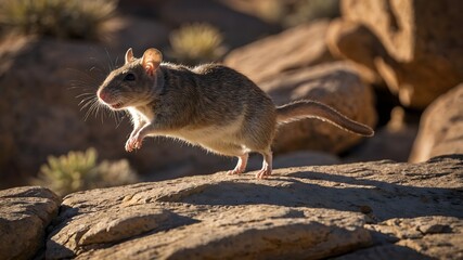 Central Rock Rat Leaping Between Rocks: A Display of Agility in the Desert