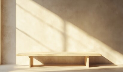 Wooden bench against beige wall with sunlight.