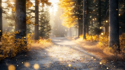 Obraz premium Enchanted Forest Pathway with Golden Sunlight and Floating Dust Particles in Autumn Season