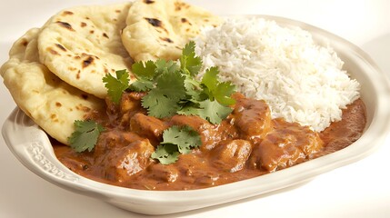Delicious Chicken Tikka Masala with Naan Bread and Rice Indian Cuisine