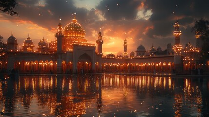 Fototapeta premium Majestic Mosque at Sunset: A Breathtaking Spectacle of Lights and Reflection