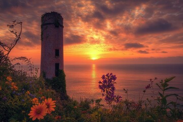 A crumbling brick tower overlooks a vibrant sunset over a calm ocean, wildflowers in the foreground.