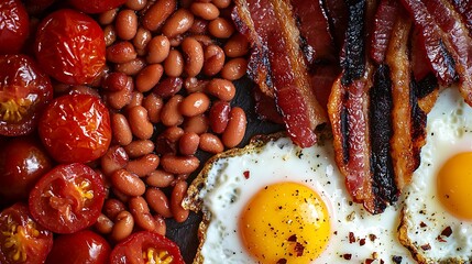 Delicious Fried Eggs Crispy Bacon Baked Beans and Tomatoes Breakfast
