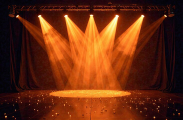 A stage illuminated by golden rays and sparks. Background without people.