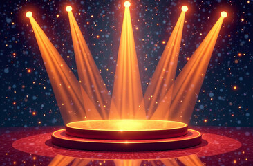A stage illuminated by golden rays and sparks. Background without people.