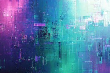 Abstract glitch art background with vibrant teal, pink, and purple hues.