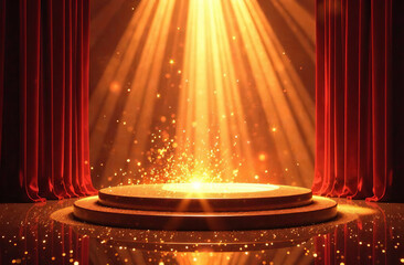 A stage illuminated by golden rays and sparks. Background without people.