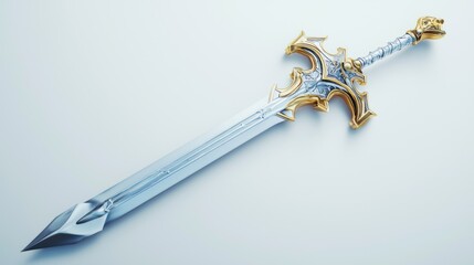 A silver and gold fantasy sword rests on a white background