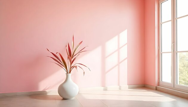 The image shows a corner of a room with a large window on the right side. The walls are painted in a soft pink color and the floor is made of light-colored tiles. 