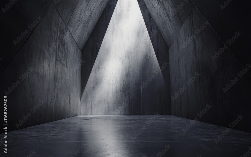 Poster dark triangular concrete room with light beam.