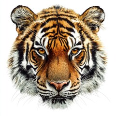 Fototapeta premium Majestic Face of a Tiger with Striking Orange and Black Stripes Against a White Background