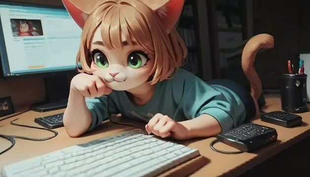 일을 하고 있는 귀여운 고양이