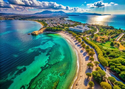 Aerial View of Voula Beach, Athens Riviera, Greece: Turquoise Waters & Golden Sands