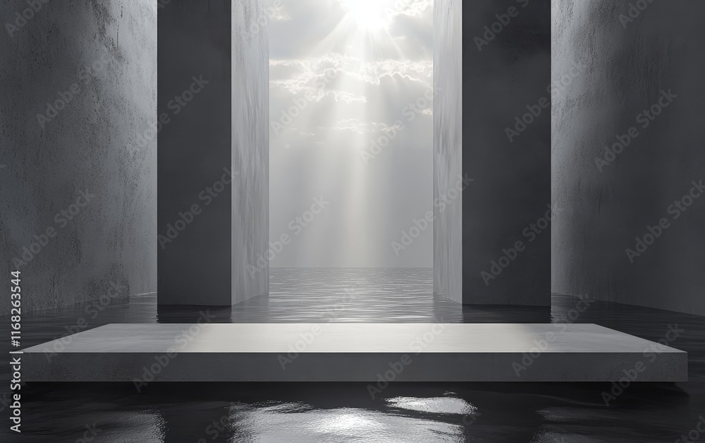 Poster minimalist grey platform in a concrete room with ocean view.