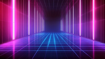 Abstract digital grid with glowing neon lights and a tech-inspired design