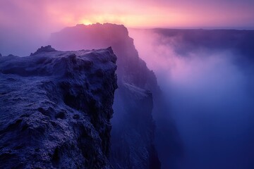 Misty mountain peaks at sunrise, vibrant purple and pink hues, dramatic cliffs and valleys.