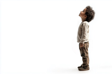 3 year old boy isolated on a white background looking up