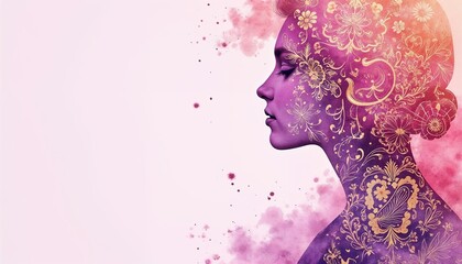 **Watercolor Paisley Background, Intricate Patterns in Shades of Gold and Violet**, reflecting the beauty and complexity of women's contributions on a pink pastel background with copy space.