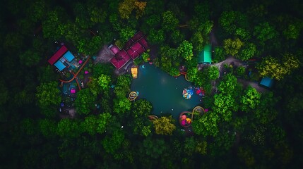 Aerial drone view of a large amusement park with roller coasters visible 