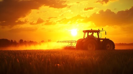 Fototapeta premium Tractor Spraying Crops During Sunset Golden Hour