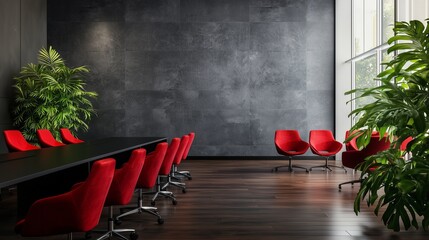 Executive office with dark mahogany floor and modern black furniture.