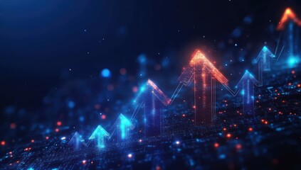Market Trend Visualization with Upward Arrows and Financial Graph on Dark Blue Background Business Growth Concept