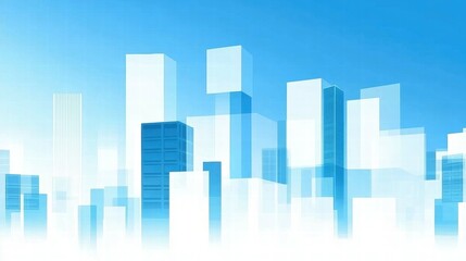 Abstract city skyline with translucent buildings against a blue sky.