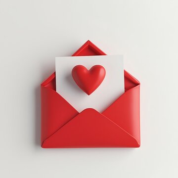 3d icon opened envelope with card and red heart on a white background. Love letter. Be my valentine