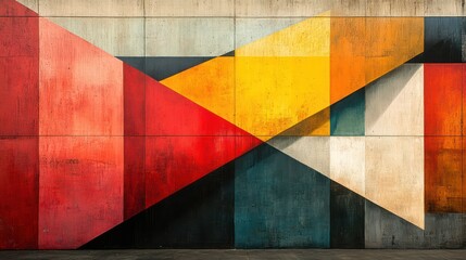 Geometric Abstract Mural: Vibrant Colors and Concrete Texture