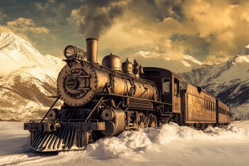 Obraz premium A vintage steam locomotive, weathered and majestic, rests in a snowy mountain landscape at sunset.