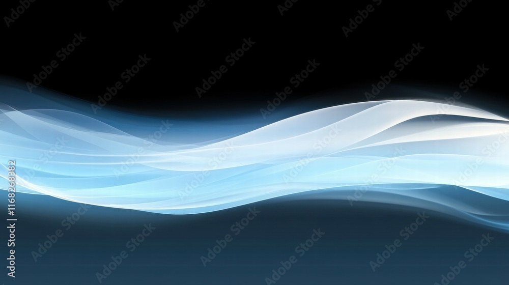 Poster abstract flowing waves in shades of blue against a dark background, creating a serene atmosphere.