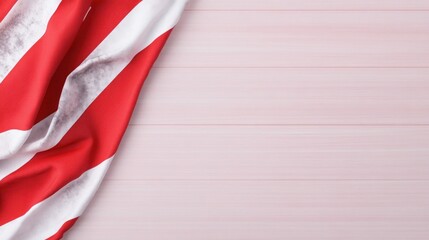 A draped red and white flag on a soft pink background.