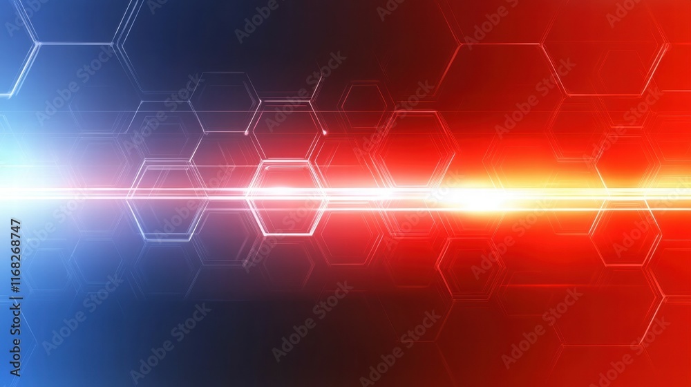 Poster Abstract graphic featuring hexagonal patterns and vibrant red and blue light streaks.