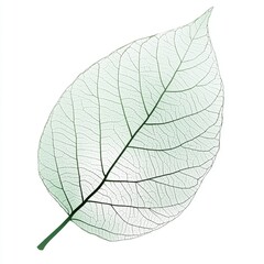 Obraz premium Delicate Green Leaf with Intricate Veins and Transparent Texture on a White Background for Nature and Design Themes