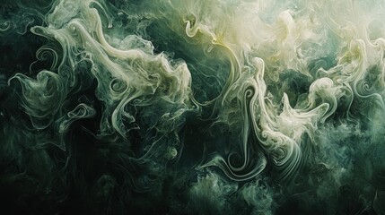 Abstract Swirling Green and White Smoke, Mystical Fluid Art