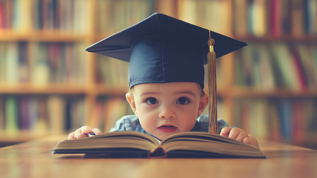Children wearing graduate hats reading books in classroom - Powered by Adobe